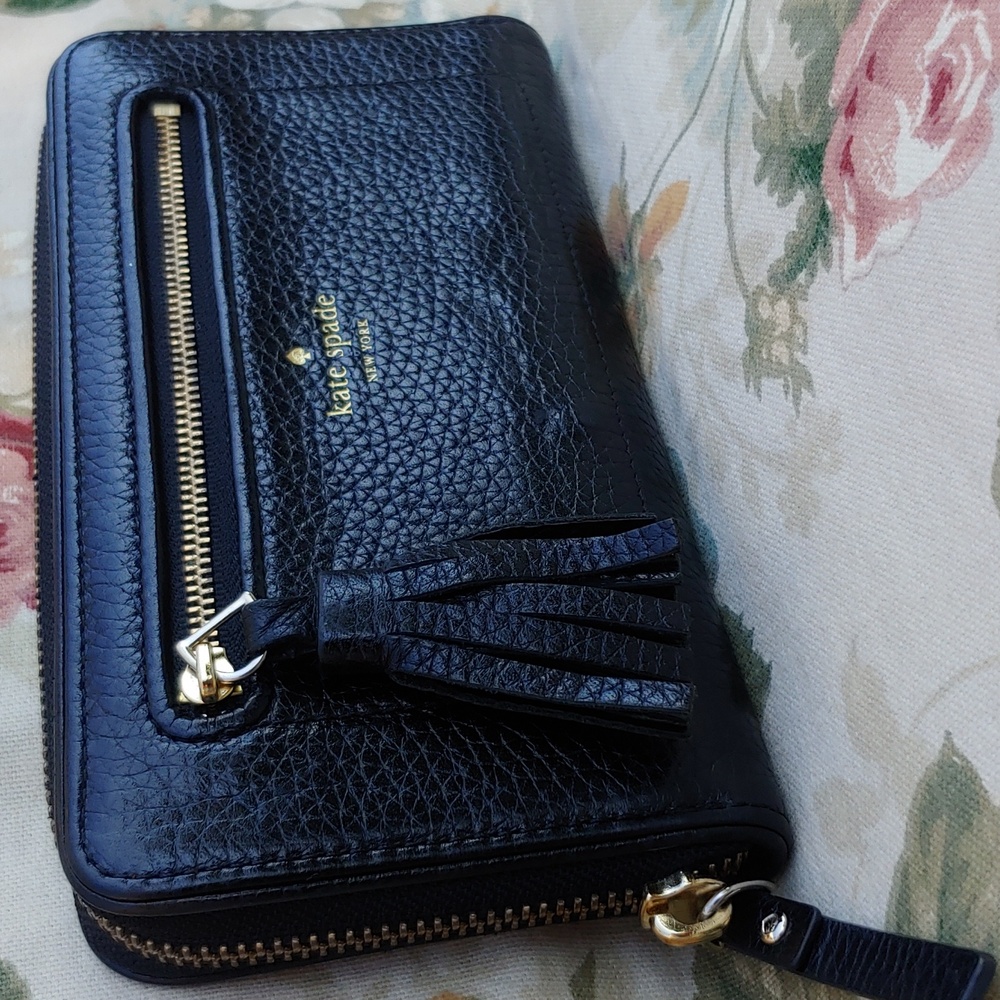 Kate Spade Black Pebbled Zipper Wallet With Tassel